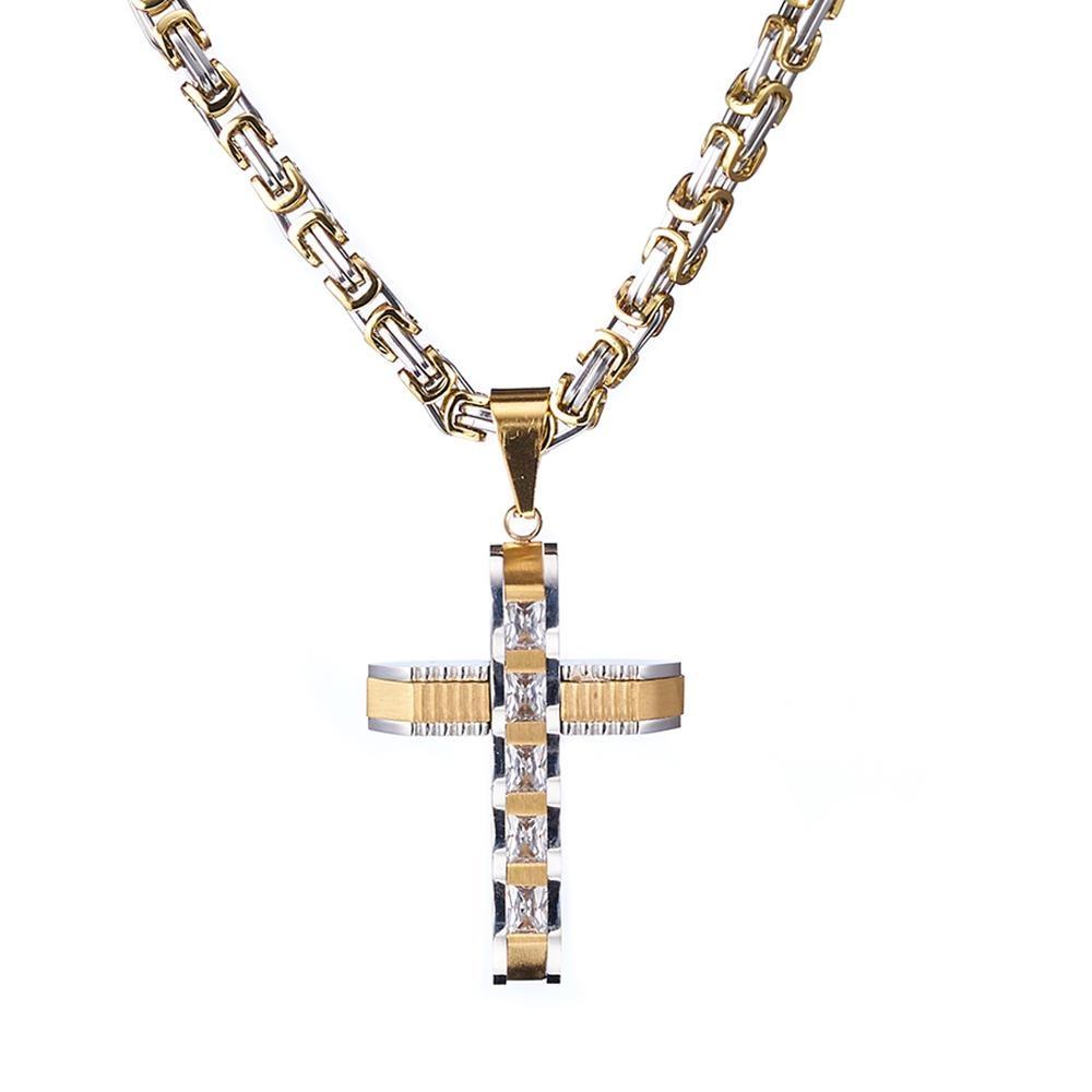 Two-tone Gold and Silver Crucifix Pendant and Byzantine Chain Necklace