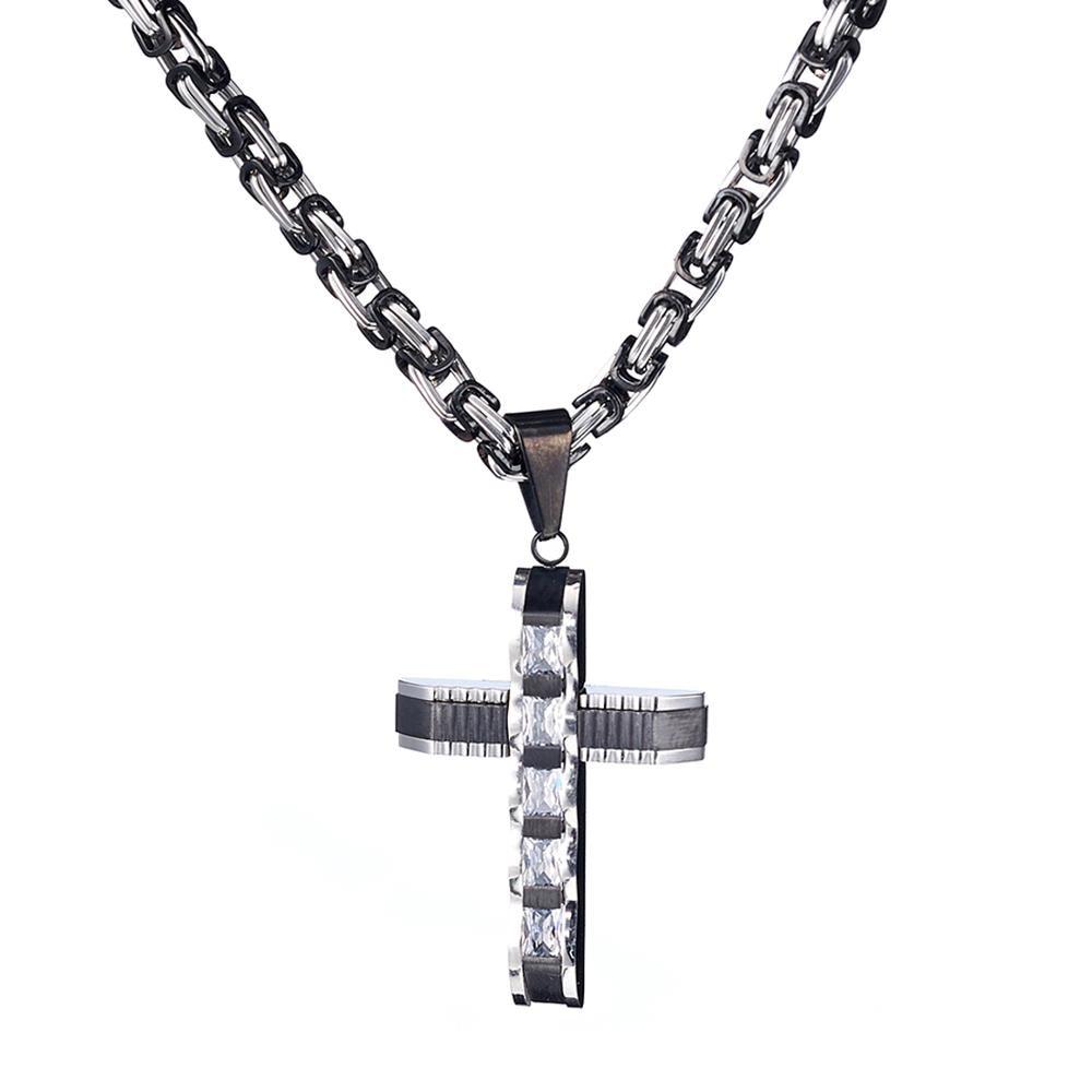 Two-tone Black and Silver Crucifix Pendant and Byzantine Chain Necklace