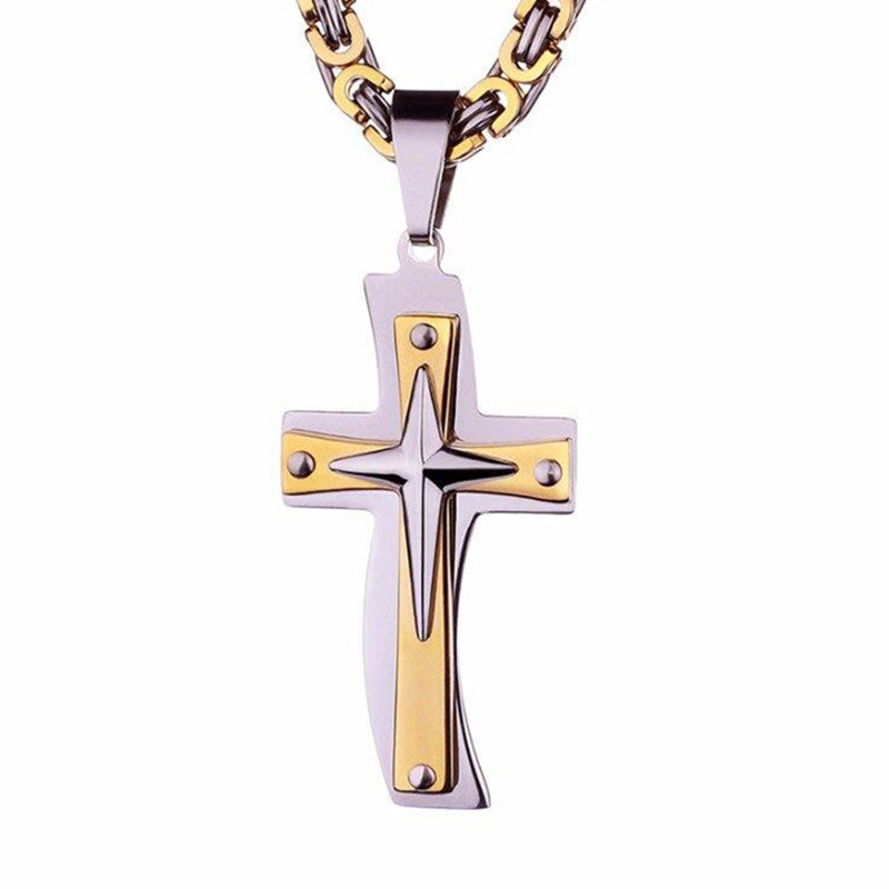 Two-tone Gold and Silver MultiLayer Cross Pendant Byzantine Chain Necklace