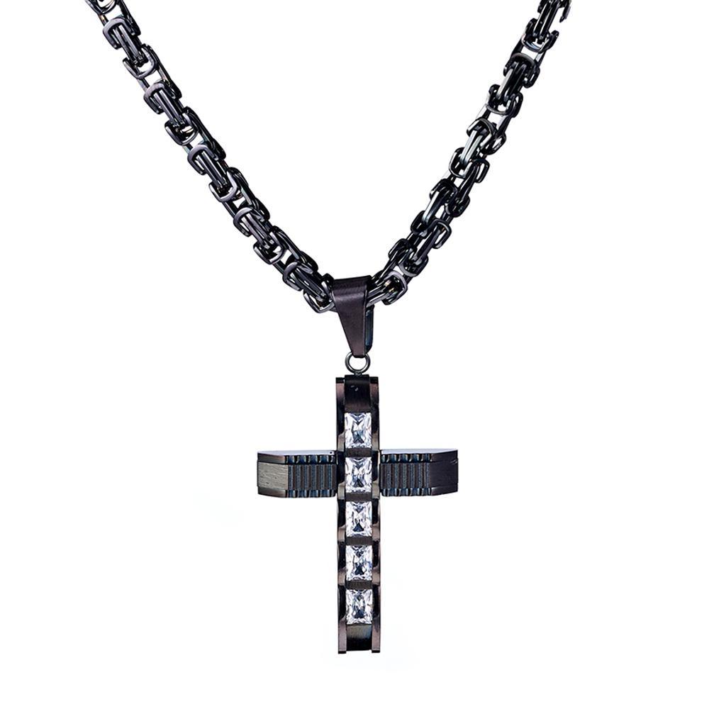 Stainless Steel Black Crucifix Pendant and Byzantine Chain Necklace