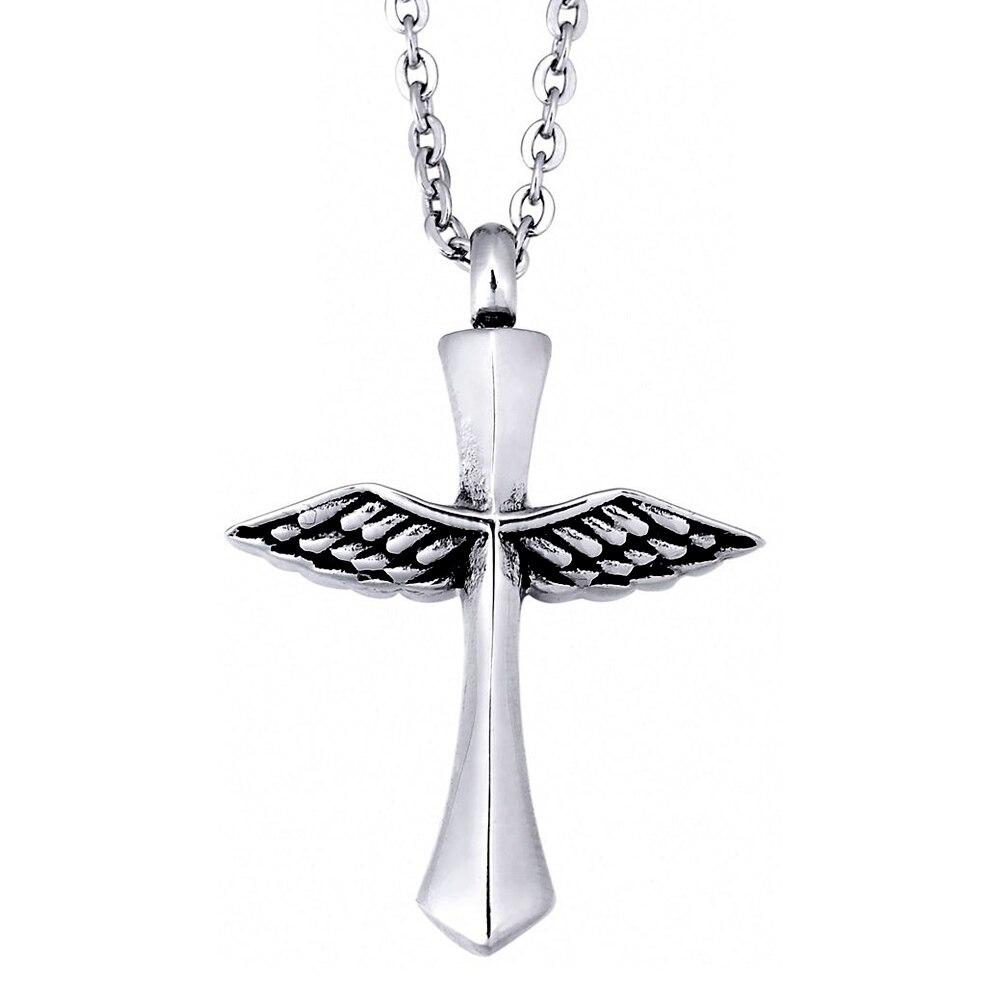 Silver Winged Cross Urn Pendant Necklace