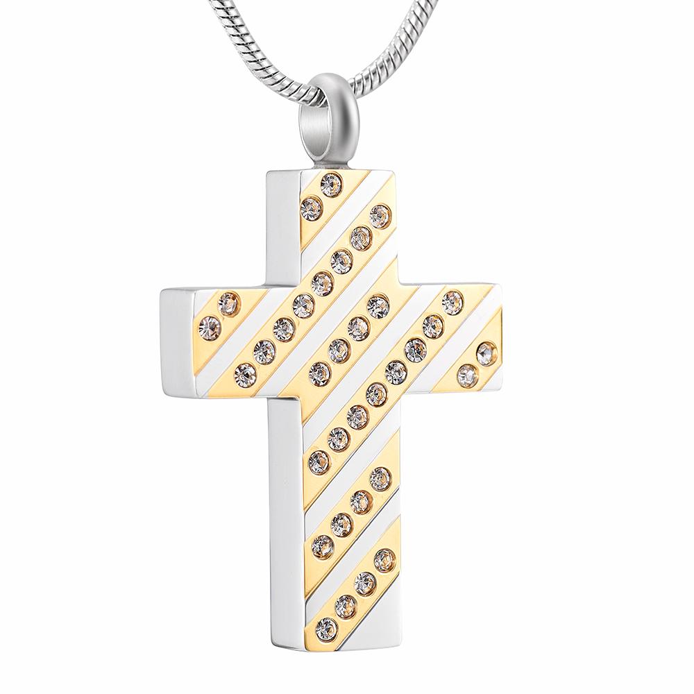 Two-tone Gold and Silver Cross Pendant Memorial Necklace with Cubic Zirconia