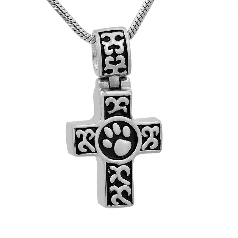 Stainless Steel Silver Paw Print Cross Memorial Pendant Necklace