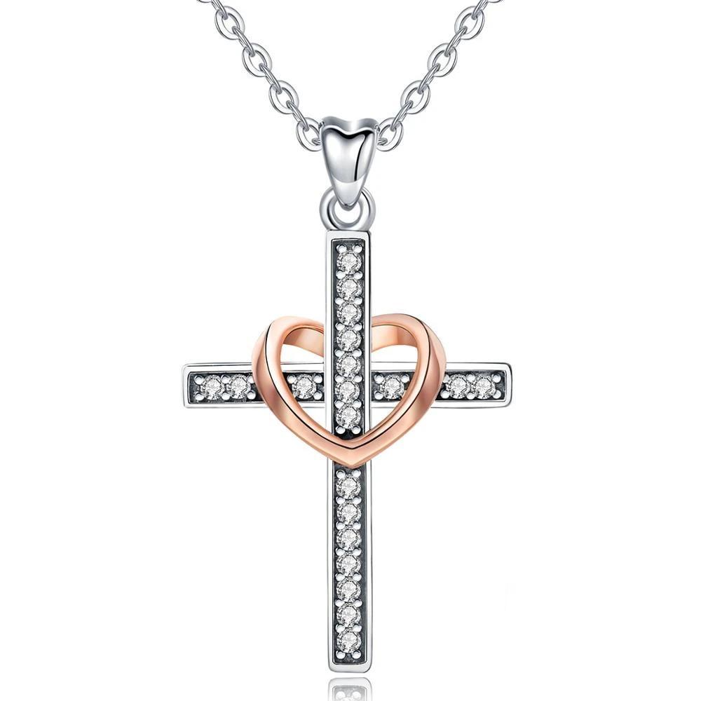 Thin Sterling Silver Rose Gold Heart Cross Pendant Necklace