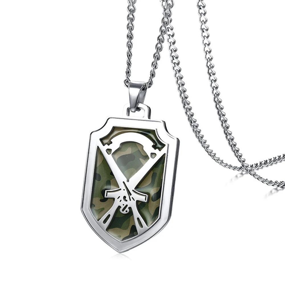 Silver Shield Pendant with Camouflage Inlay and Gun Design Necklace