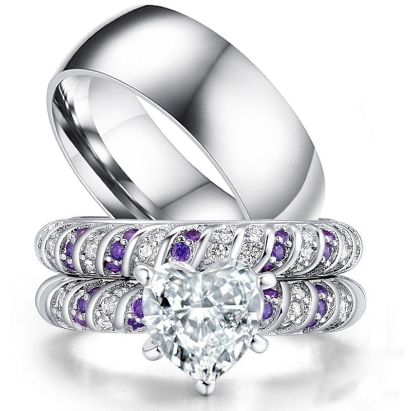 White Cubic Zirconia Heart and Plain Stainless Steel Wedding Bands Set