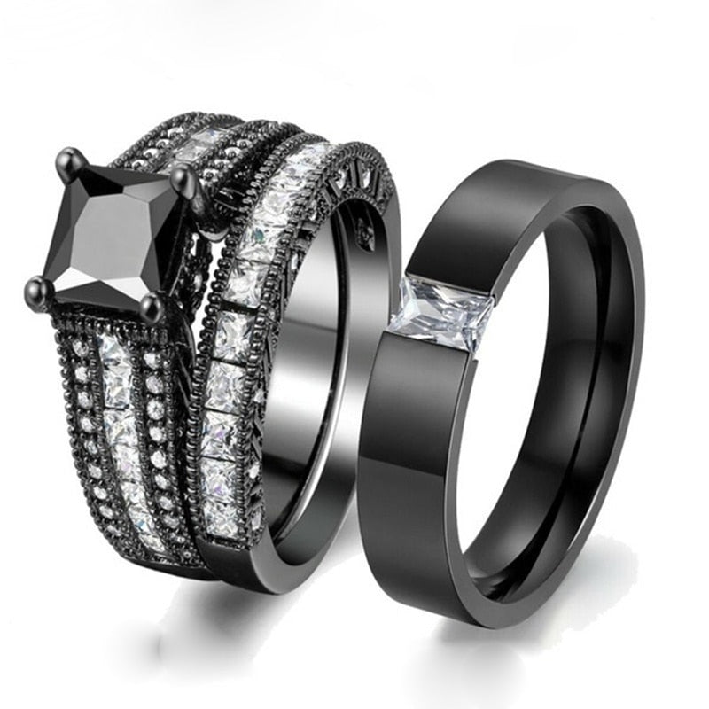 White/Black Cubic Zirconia Stainless Steel Wedding Ring Set