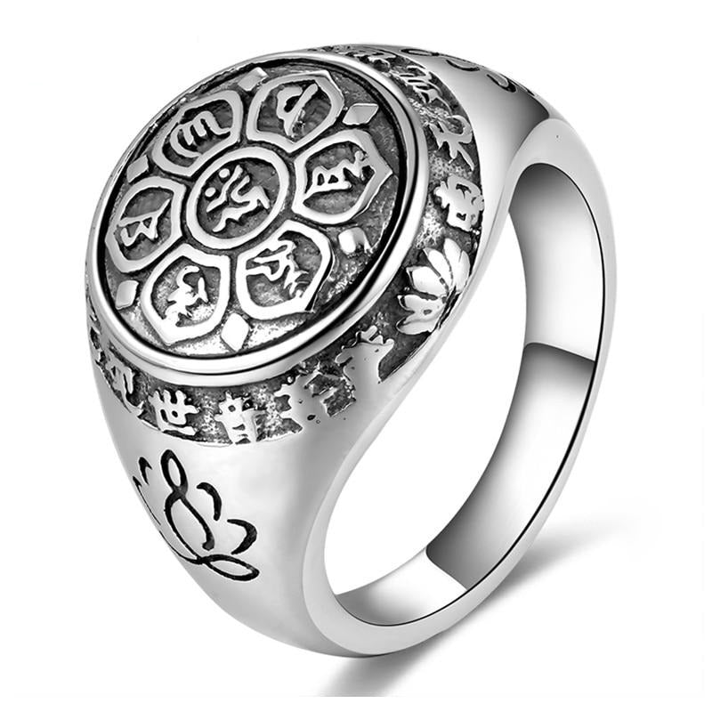 Six Words Buddha Mantra Signet 925 Sterling Silver Vintage Biker Ring
