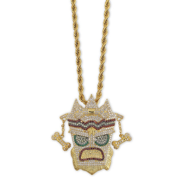 Uka Uka Mask Cubic Zirconia Gold-Plated Stainless Steel Hip-Hop Pendant Necklace