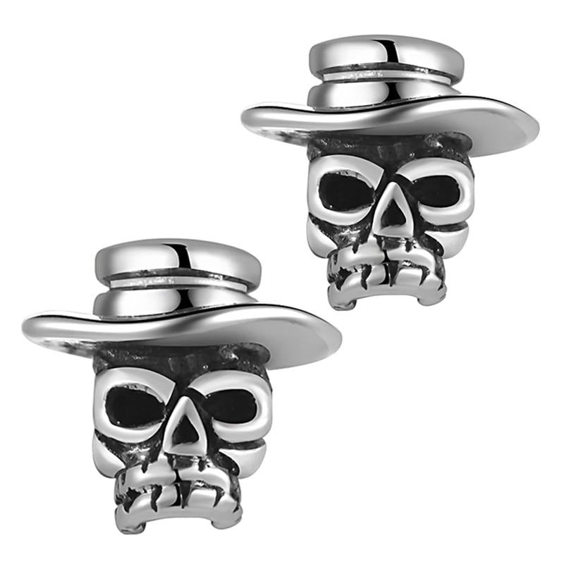 Skull with Hat 925 Sterling Silver Vintage Punk Biker Stud Earrings
