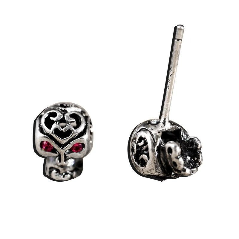 Skull with Cubic Zirconia Pink Eyes 925 Sterling Silver Vintage Hip-hop Punk Stud Earrings