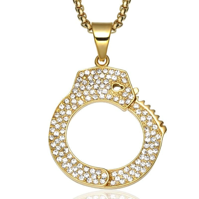 Gemstone-Studded Gold-Plated Handcuff Bling Stainless Steel Hip-hop Pendant Necklace