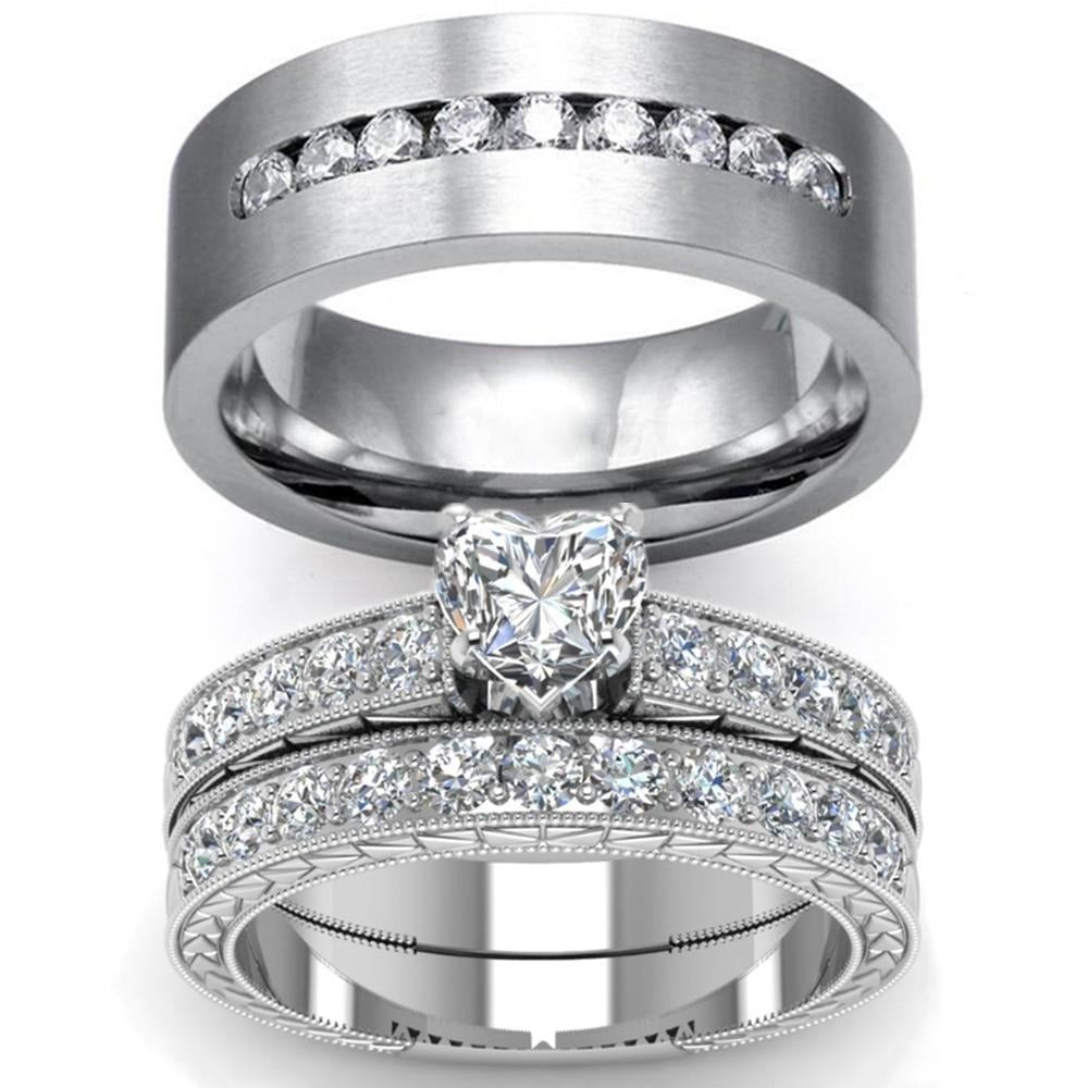 Round and Heart Cubic Zirconia Stainless Steel Wedding Ring Set