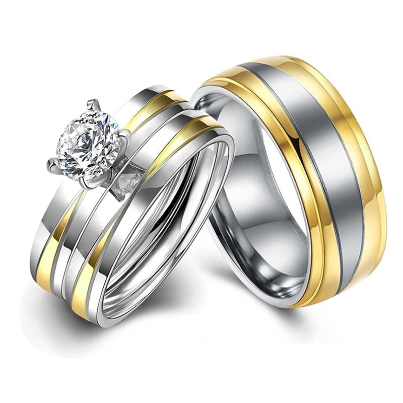 Gold and Silver Cubic Zirconia Stainless Steel Wedding Ring Set
