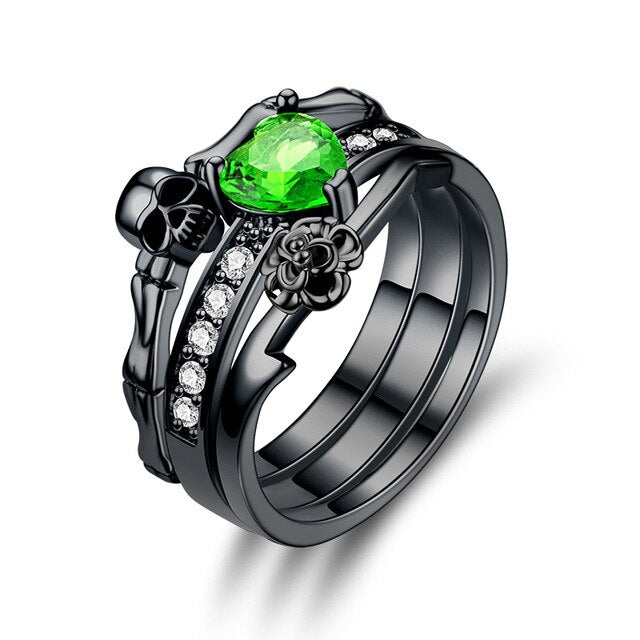 Skull, Flower and Crystal Zirconia Heart Punk Engagement Ring