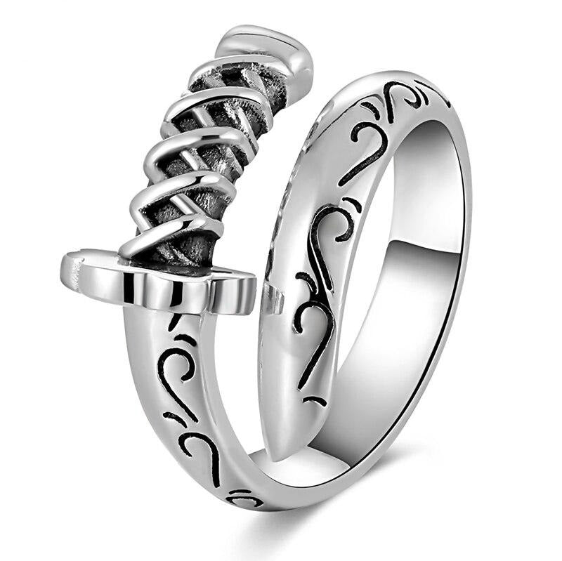 Signet Knife, Saber or Warrior Weapon 925 Sterling Silver Adjustable Biker Ring