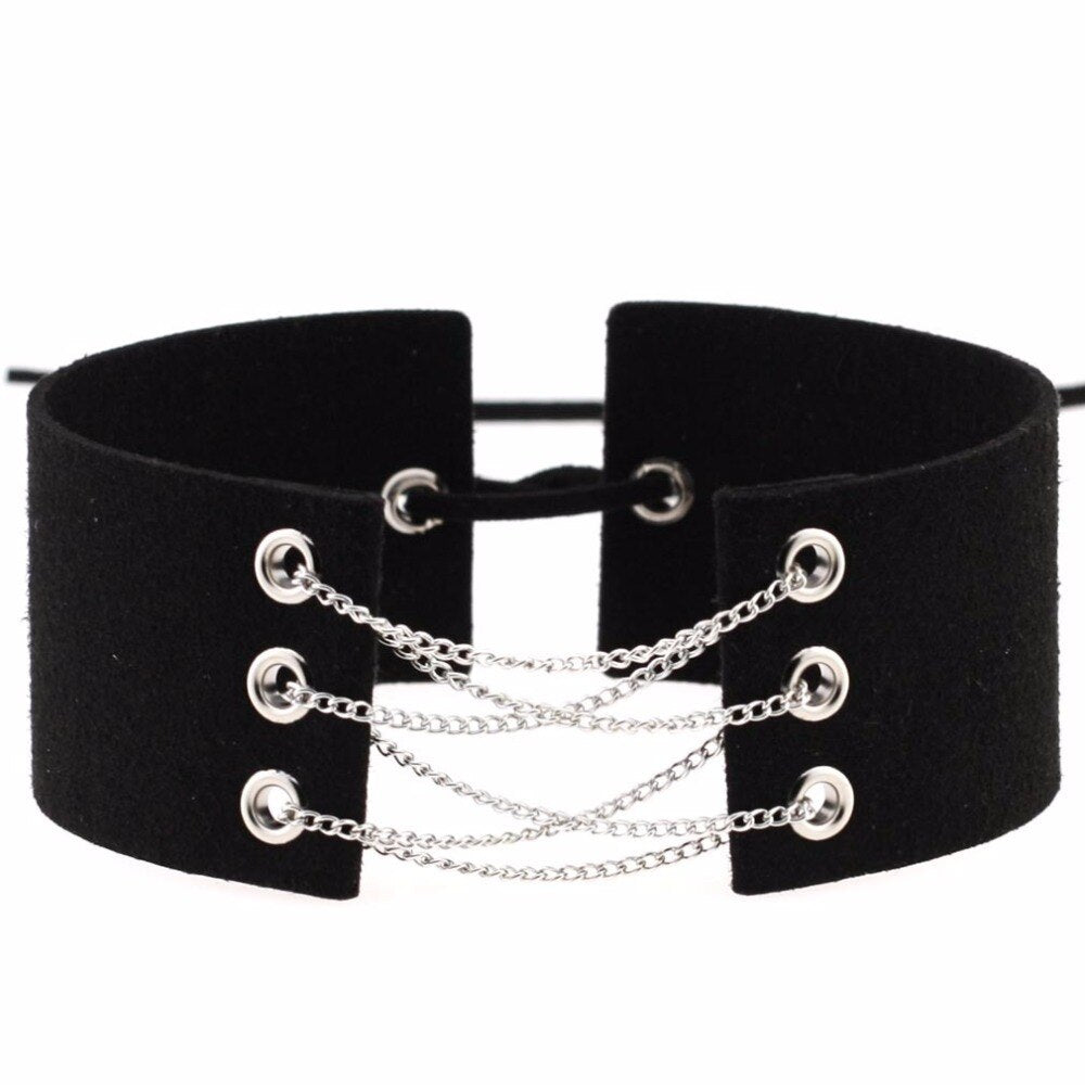 Velvet Leather Choker Necklace with Silver Chain Link and Lace-Up Closure