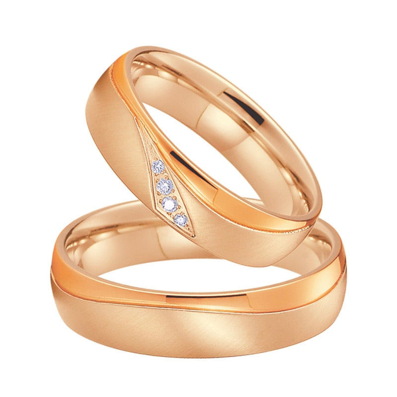 Brushed and Polished Rose Gold Cubic Zirconia Titanium Wedding Ring Set