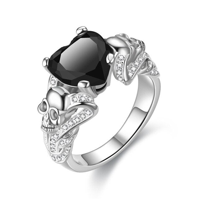 Skull, Cubic Zirconia and Heart Crystal Punk Wedding Ring