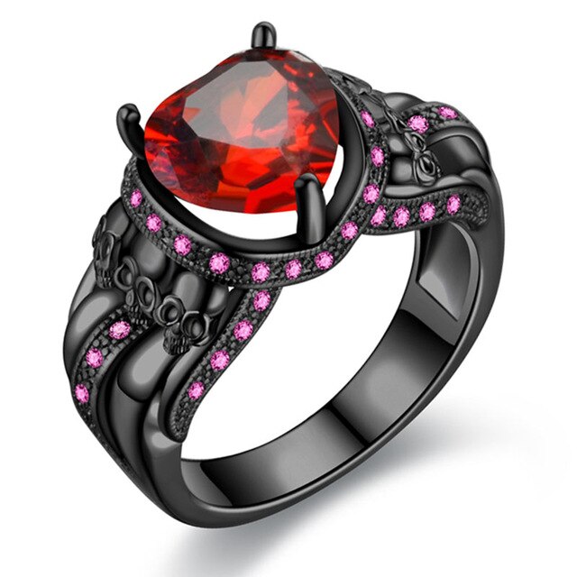 Skull, Heart Crystal and Cubic Zirconia Punk Wedding Ring