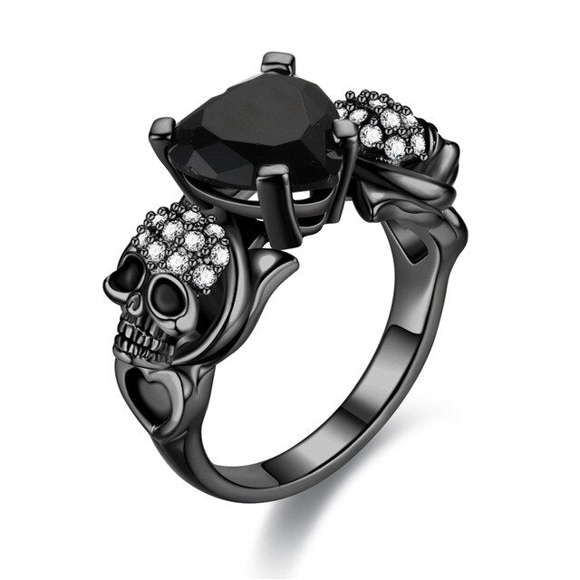 Sugar Skull, Cubic Zirconia and Heart Crystal Punk Wedding Ring