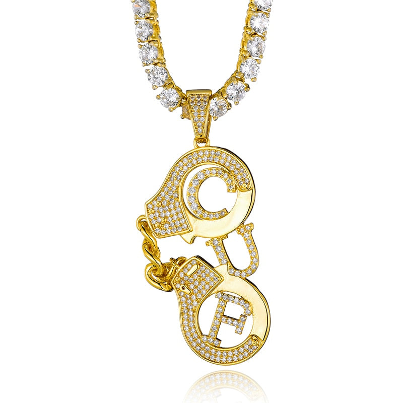 Cubic-Zirconia-Studded Handcuffs Bling Hip-hop Pendant Necklace