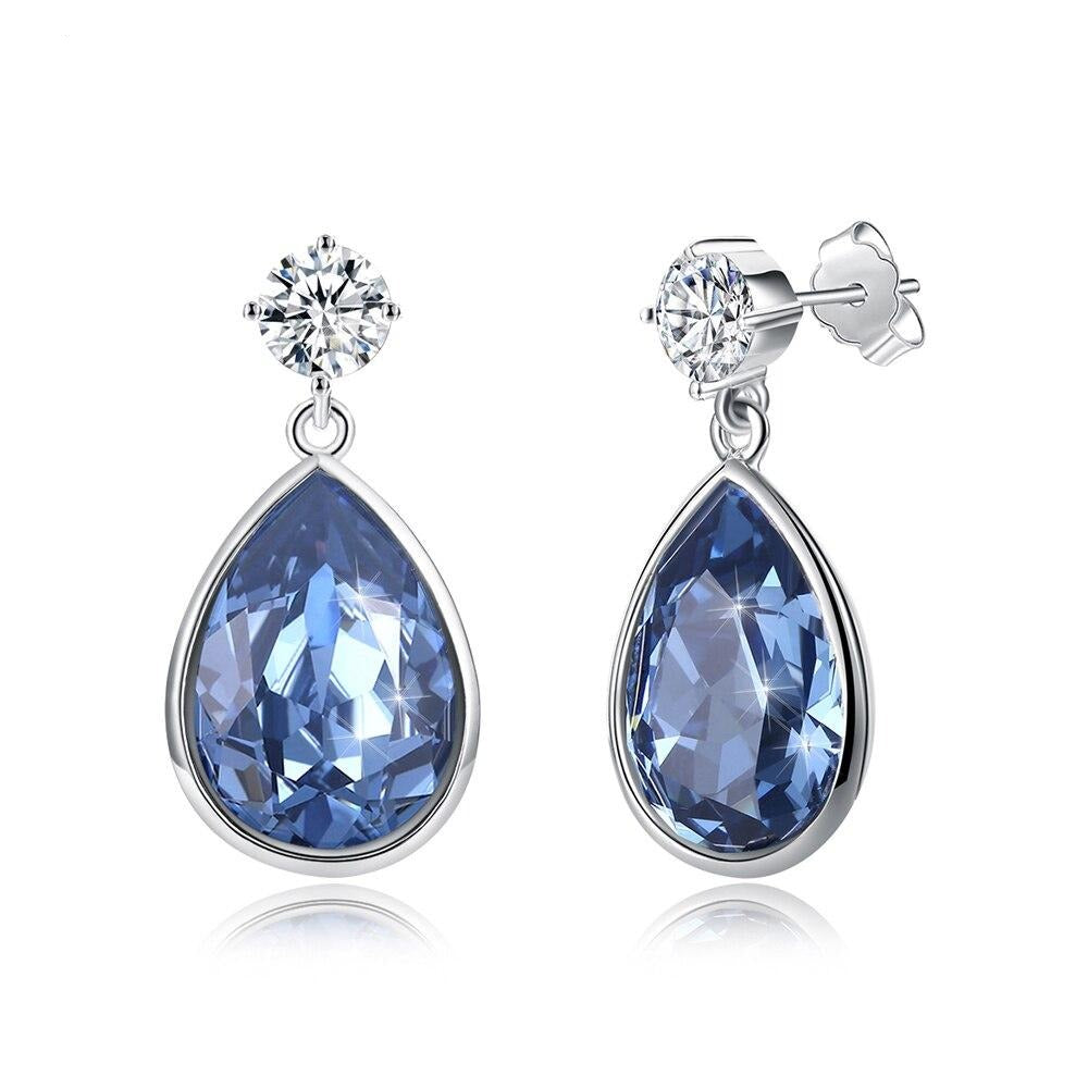 Austrian Crystal Blue Water Drop and Round Crystal 925 Sterling Silver Fine Stud Earrings