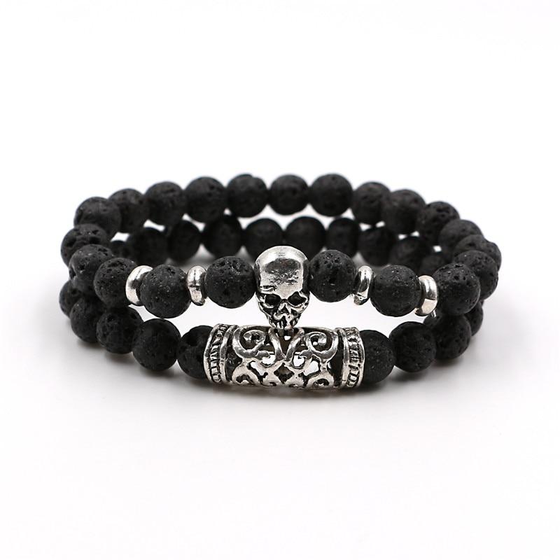 2 Pieces Set Natural Lava Stone Skull Bracelet