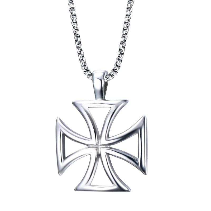 Stainless Steel Silver Templar Cross Hollow Border Pendant Necklace