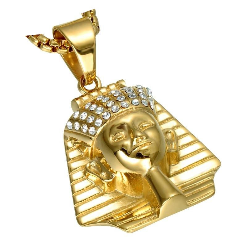 Cubic Zirconia Studded Ancient Egypt Pharaoh Bead Chain Stainless Steel Hip-hop Pendant Necklace