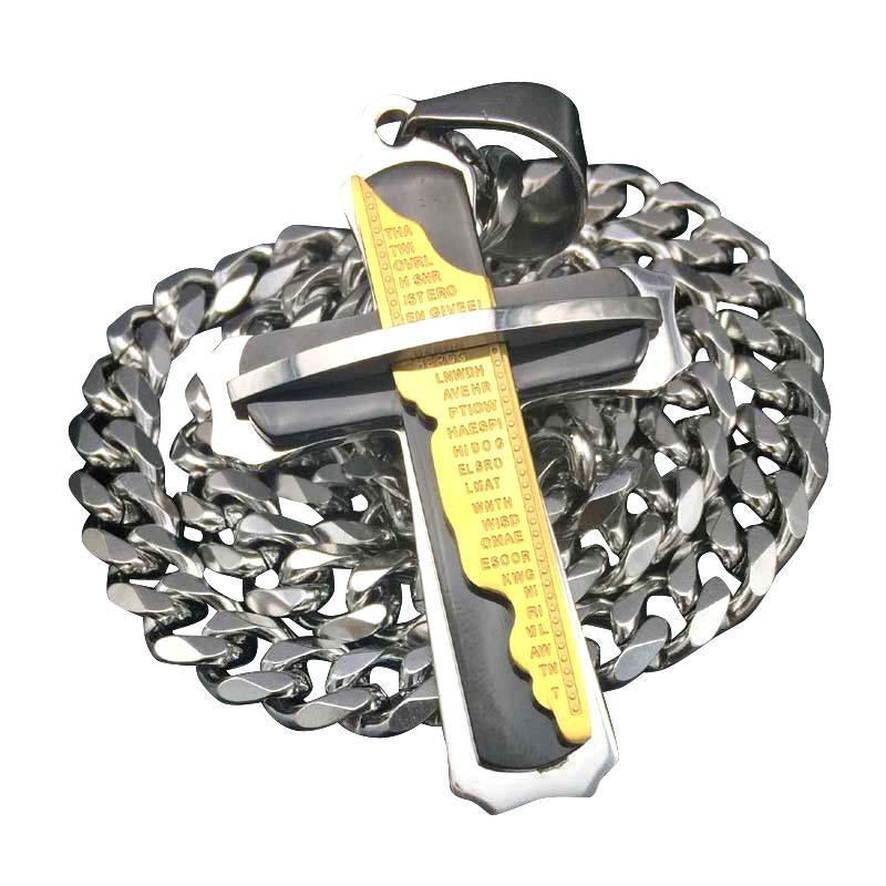 Three Tone Black, Silver and Gold Stainless Steel Lord's Prayer Necklace