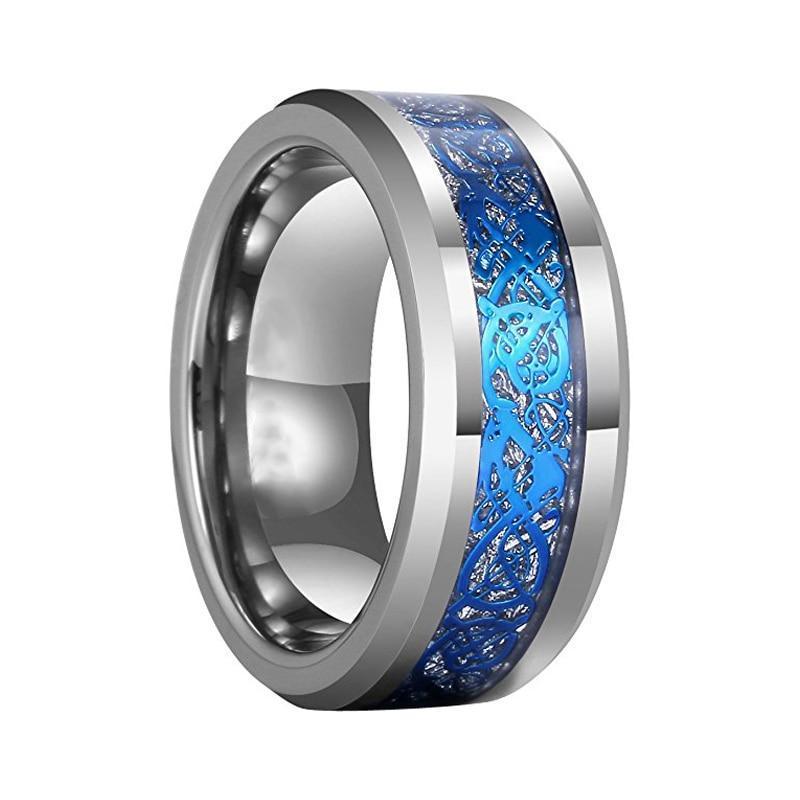 Silver Tone Tungsten Carbide Ring with Blue Dragon Meteorite