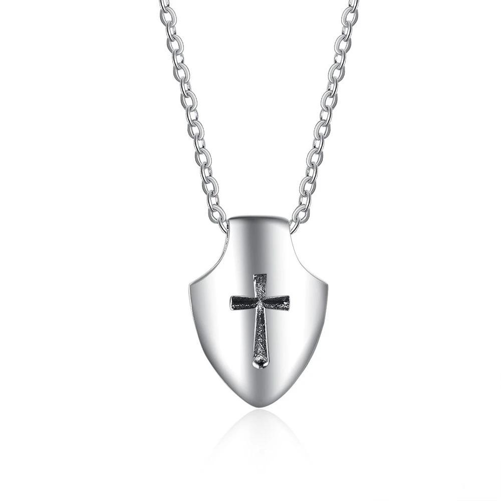 Stainless Steel Silver Shield and Cross Pendant Necklace