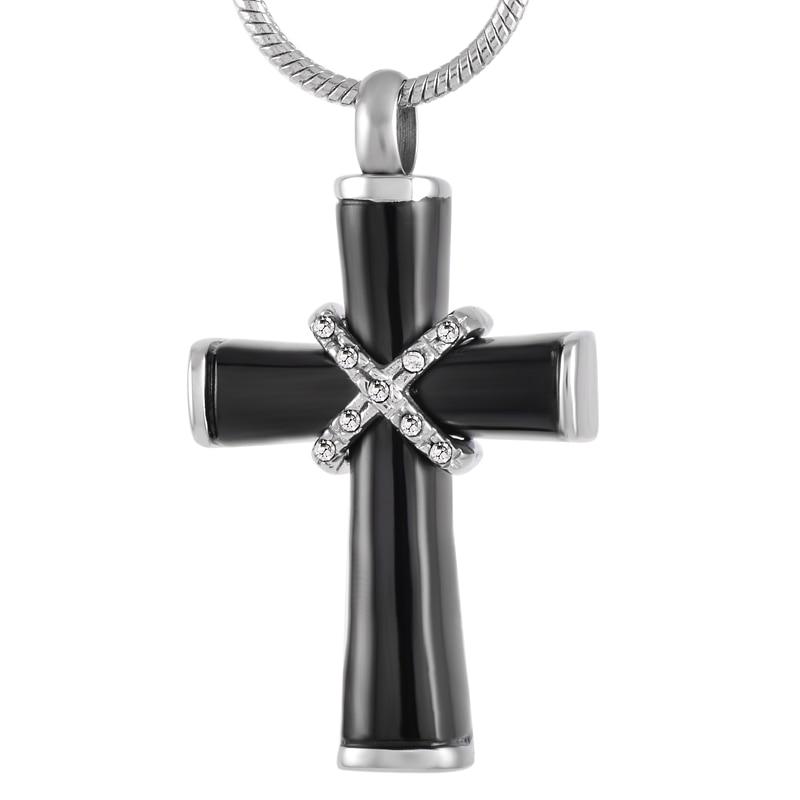 Steel Black Mini-Urn Cross Pendant with Silver Necklace