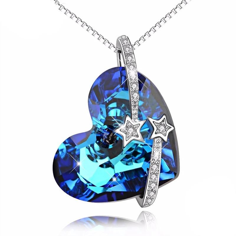 925 Sterling Silver Star Ring Wrap-around Crystal Heart of The Ocean Pendant Necklace