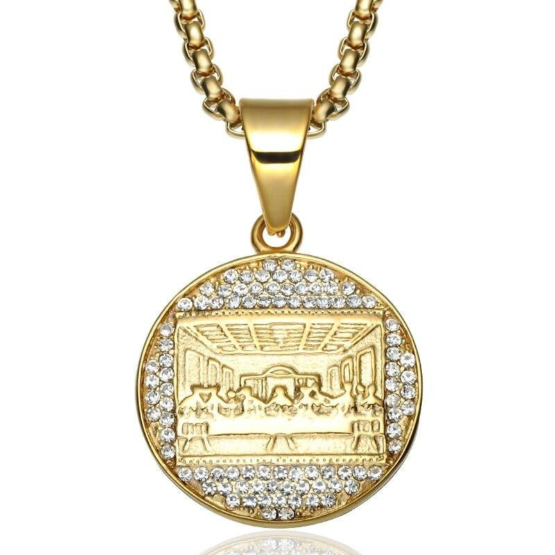 Rhinestone-Studded Gold-Plated “The Last Supper” Bling Stainless Steel Hip-hop Pendant Necklace