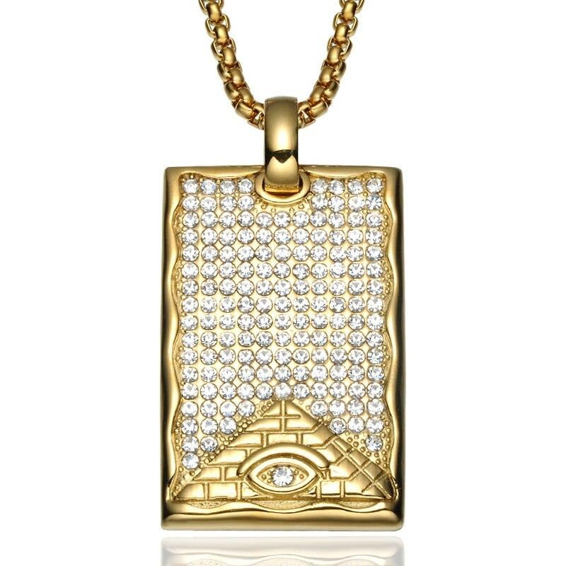 Crystal-Studded Gold-Plated Eye of Providence Dog Tag Bling Titanium Hip-hop Pendant Necklace