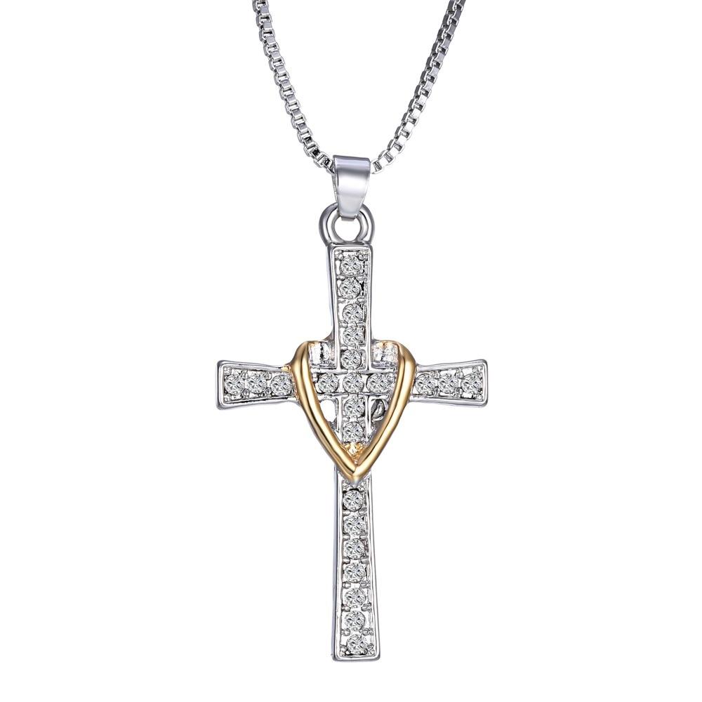 Two-Tone Silver and Gold Jeweled Cross Pendant Necklace