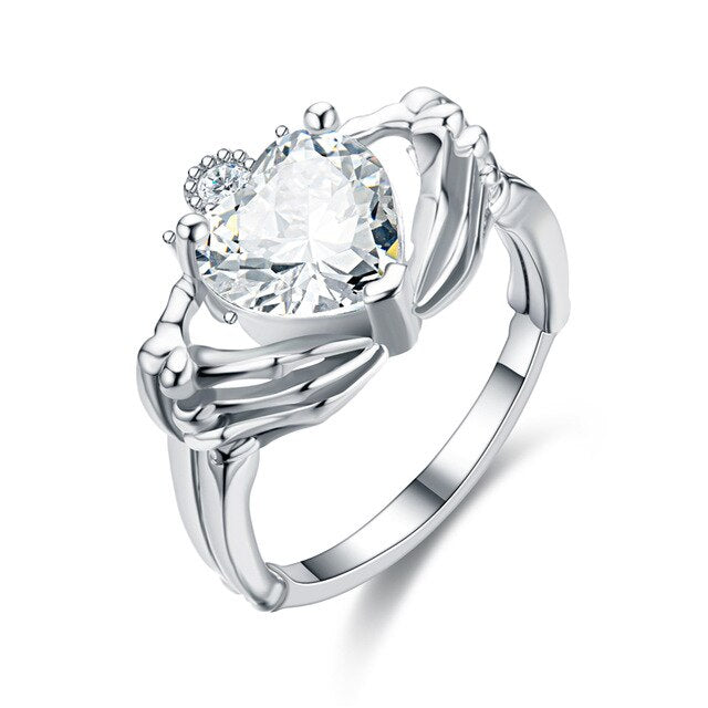 Skeleton and Heart Crystal Biker Ring