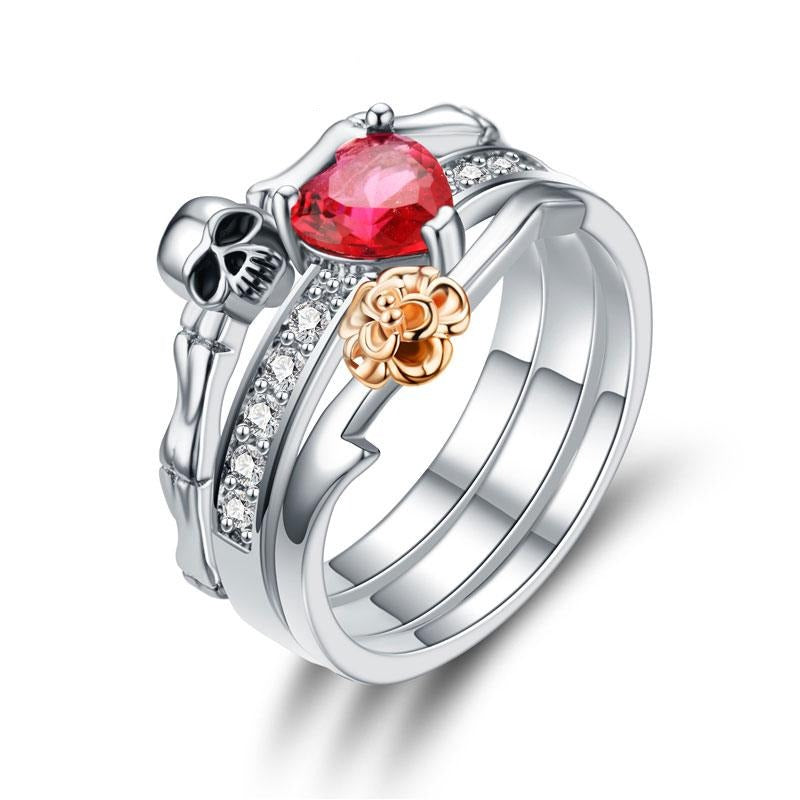 Skull, Skeleton, Flower and Heart Crystal Punk Engagement Ring
