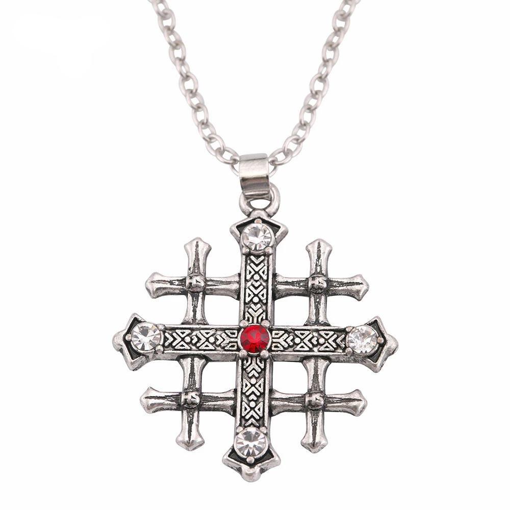 Stainless Steel Silver Jerusalem Cross Pendant with Ruby Crystal