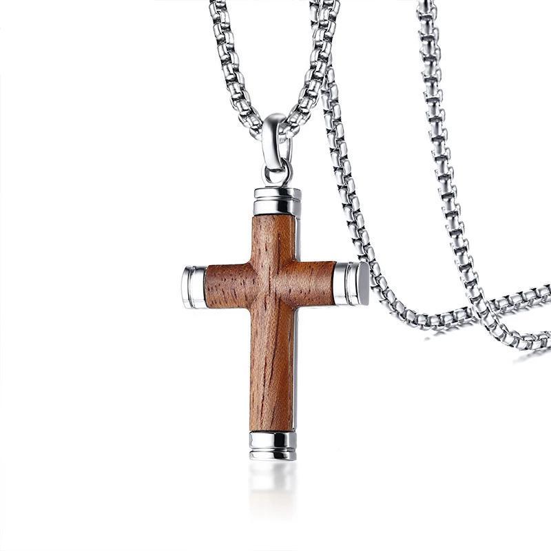 Vintage Silver & Rosewood Cross Pendant Necklace with 24" Chain