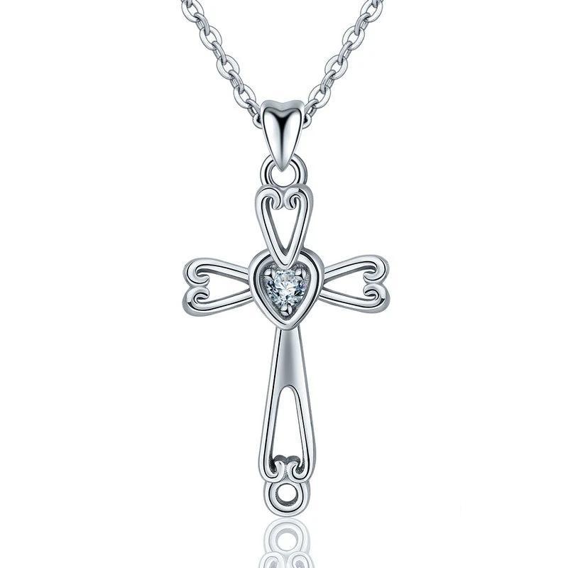 Sterling Silver Cross Pendant with Crystal Heart Necklace