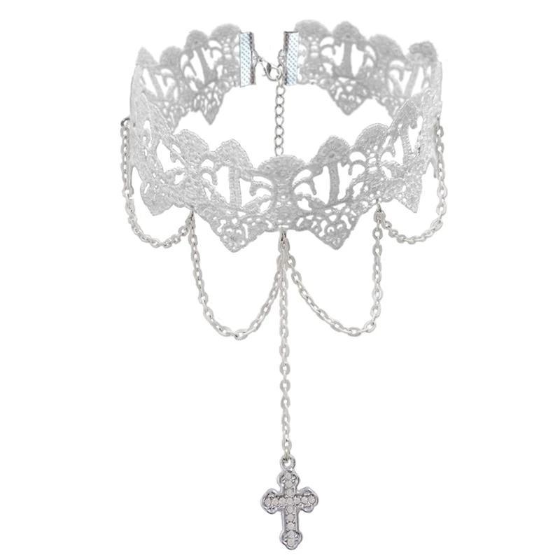 While Laced Cross Pendant Choker Necklace