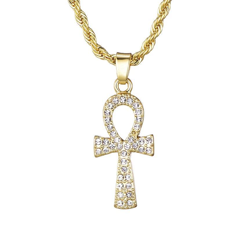 Metallic Ankh Cross Pendant with Cubic Zirconia Crystals Necklace