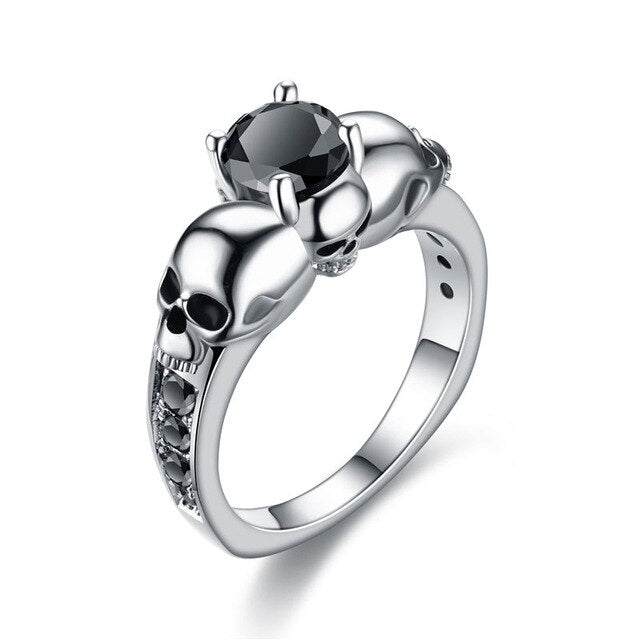 Silver-Plated Skull and Black Cubic Zirconia Vintage Punk Ring