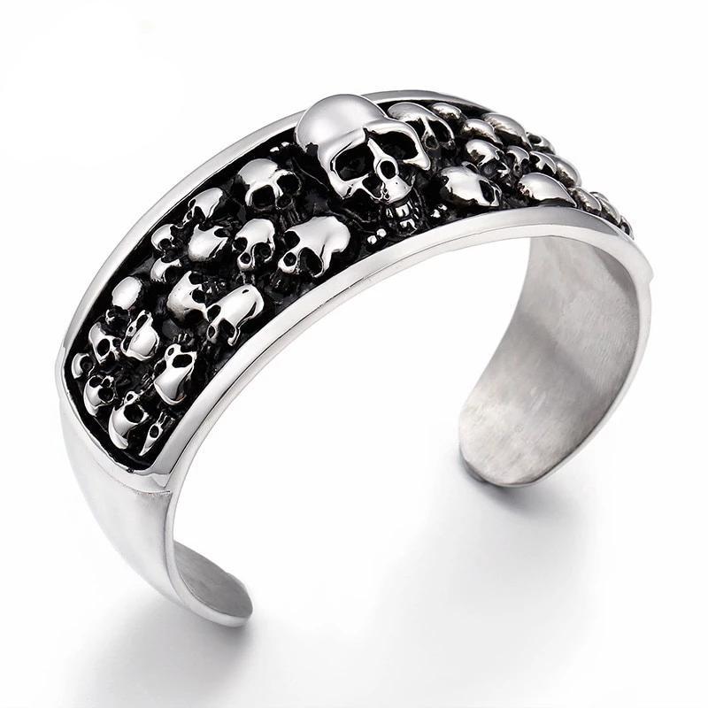 Men 316L Stainless Steel Silver and Black Toned Skull Cuff Bracelet