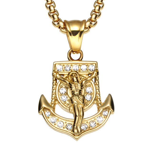 Rhinestone-Studded Gold-Plated King Jesus Bling 316L Stainless Steel Hip-hop Pendant Necklace