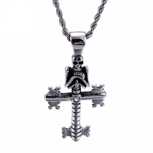 Stainless Steel Silver Mechanical Skeleton Cross Pendant Chain Necklace