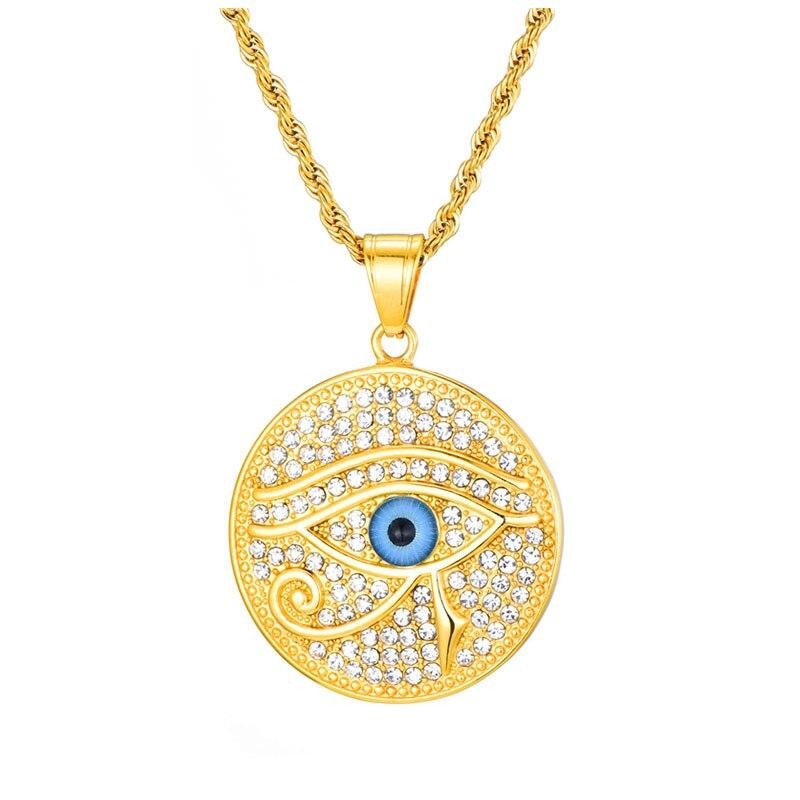 Gemstone-Studded Gold-Plated Evil Eye Bling Stainless Steel Hip-hop Pendant Necklace